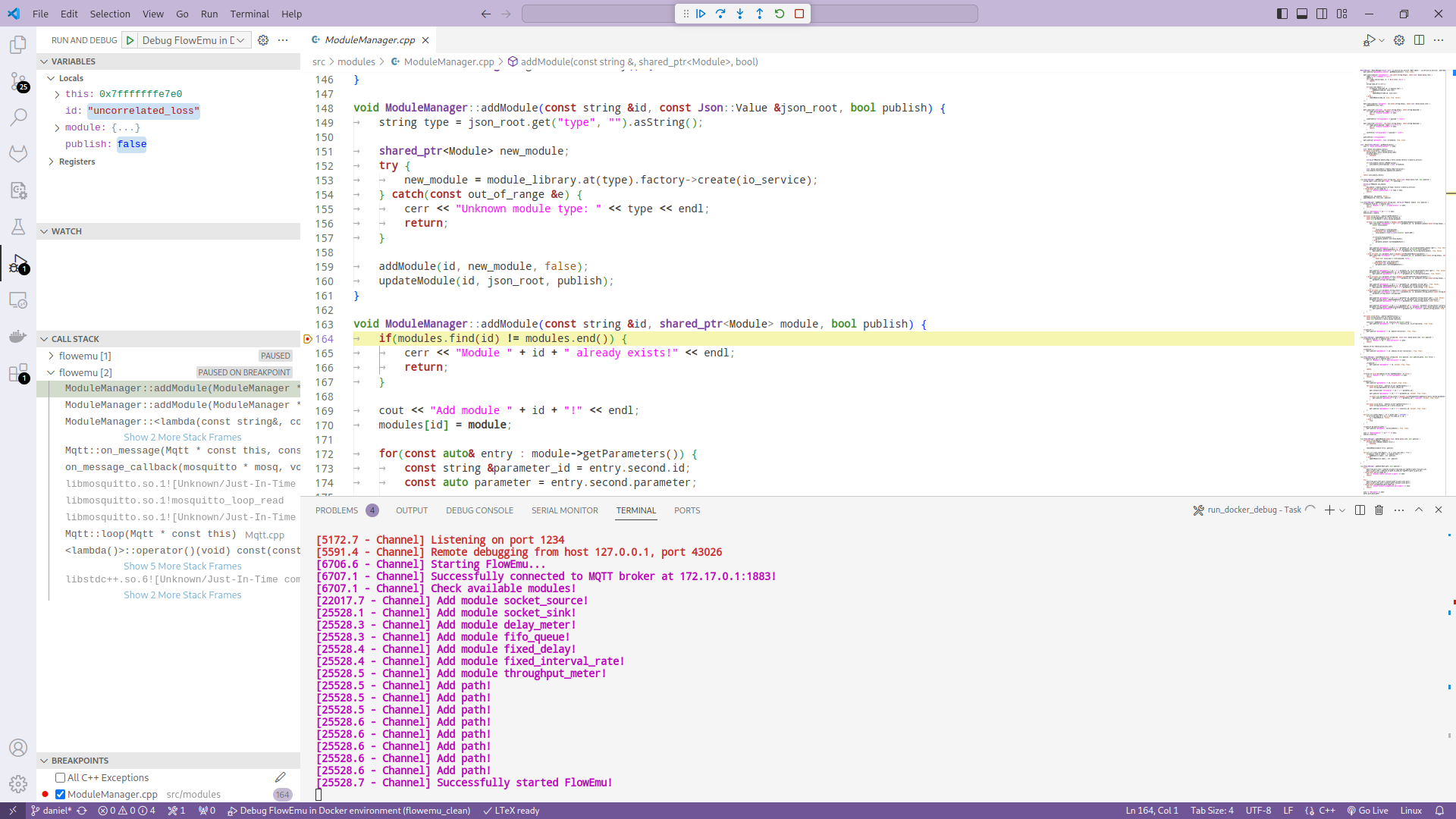 Screenshot of Visual Studio Code during debugging of FlowEmu