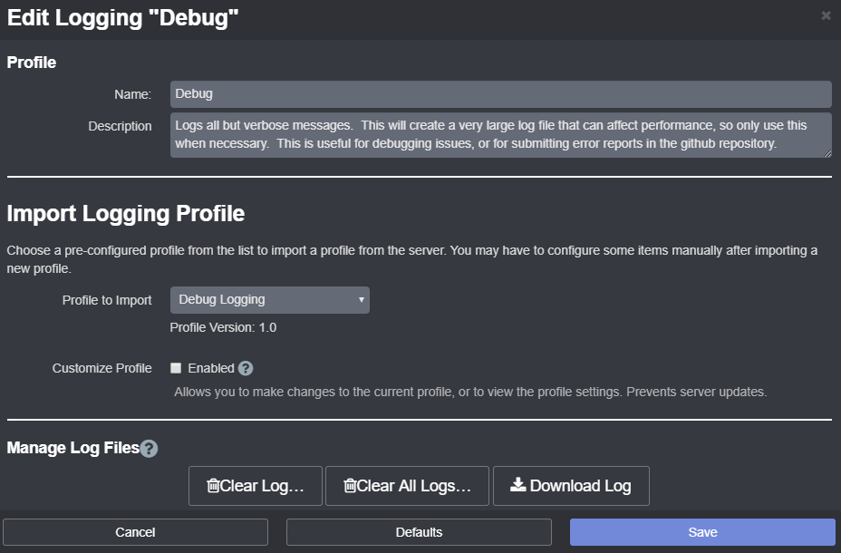 Imported Logging Profile