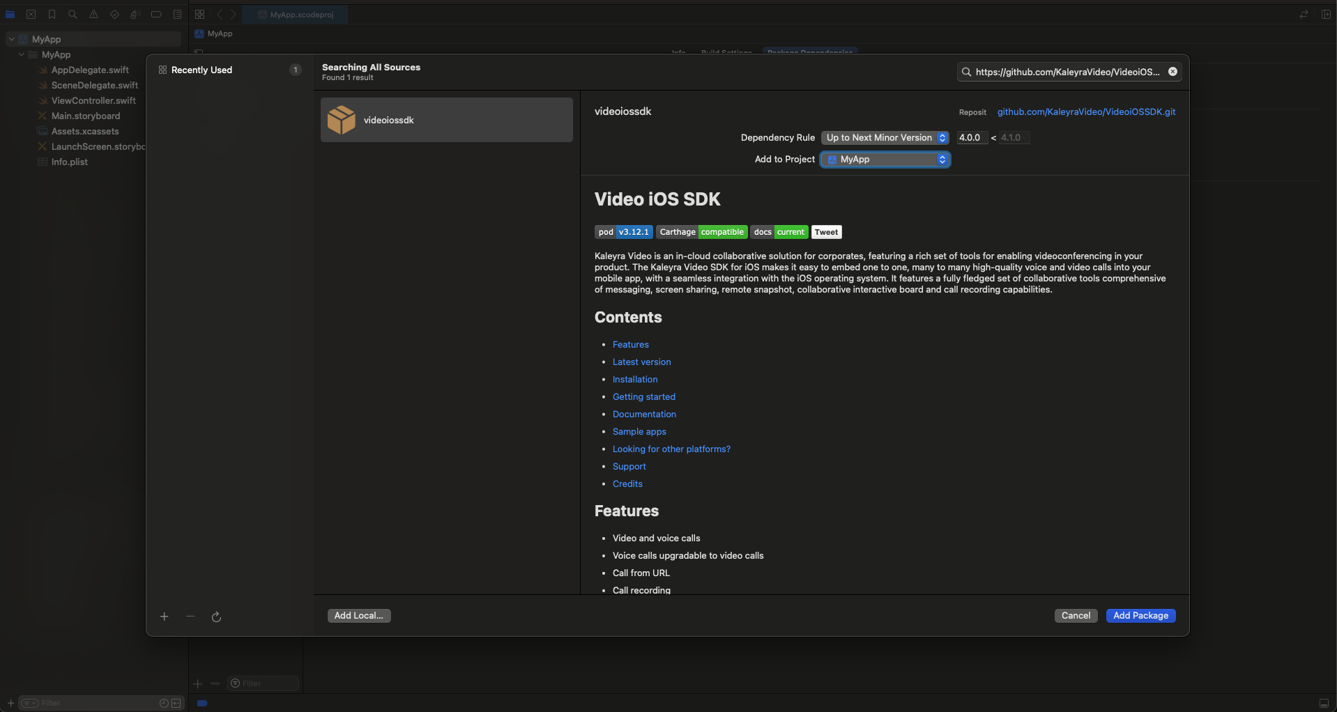 Image showing how to add an spm package using Xcode user interface 2