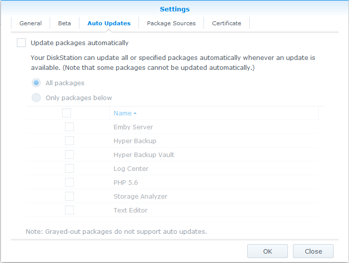 Synology : Automatic Updates Configuration Screen