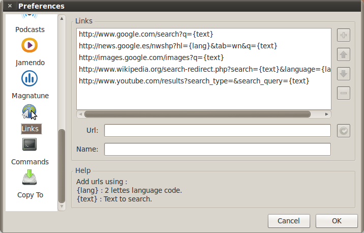 Guayadeque Preferences Links>
<p>This is one of the most interesting features this program has. It allow to search online for information about artists, albums or tracks. You can specify any links you want. Take in mind that the <b>{lang}</b> is replaced by the language you have configured in Online Preferences and the <b>{text}</b> is replaced with the info you are looking for, an artist, album, track, etc.</p>
<p>You can sort the links in the way you want them to appear in the contextual menu.</p>
<p>For example in the Last.fm panel you can select the suggest artists or albums and ask for them in Wikipedia, Google, or any other link you have added... Select yourself the options.</p>
<p>For example you can add to the default links the next ones:</p>
<pre><b>ThePirateBay</b>
http://thepiratebay.org/s/?q={text}&all=on&page=0&orderby=3</pre>
<pre><b>MiniNova</b>
http://www.mininova.org/search/?search={text}</pre>
<pre><b>Demonoid</b>
http://www.demonoid.com/files/?category=2&subcategory=All&quality=All&seeded=0&external=2&query={text}&uid=0&sort=</pre>
<pre><b>AvaxHome</b>
http://avaxsearch.com/avaxhome_search?q={text}&a=&c=2&l=&sort_by=date_desc&commit=Search</pre>
<h3>How to add your own links</a></h3>
<p>If you want to know how to include your own search engines here is how. As an example we'll use 7digital</p>
<p>1-Go to <a href=