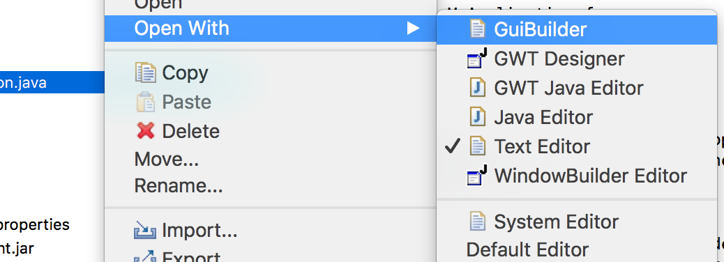 Launch the GUI builder thru the right click menu on the newly created file