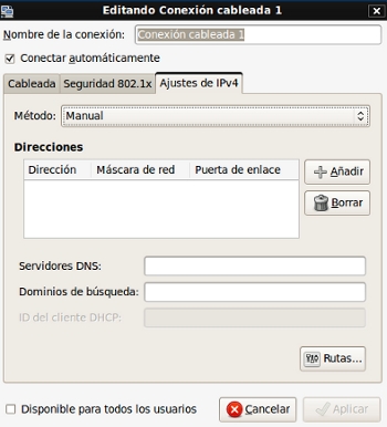 Configuración manual de red cableada