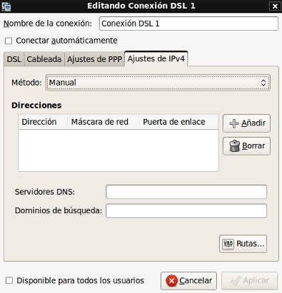 Configuración manual de red DSL