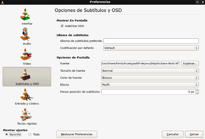 Opciones de subtítulos y OSD