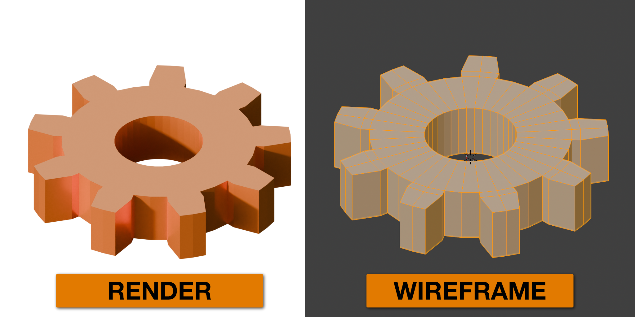 A side-by-side comparison of a Blender render of a gear with its wireframe view, showcasing how flat shading can be undesirable