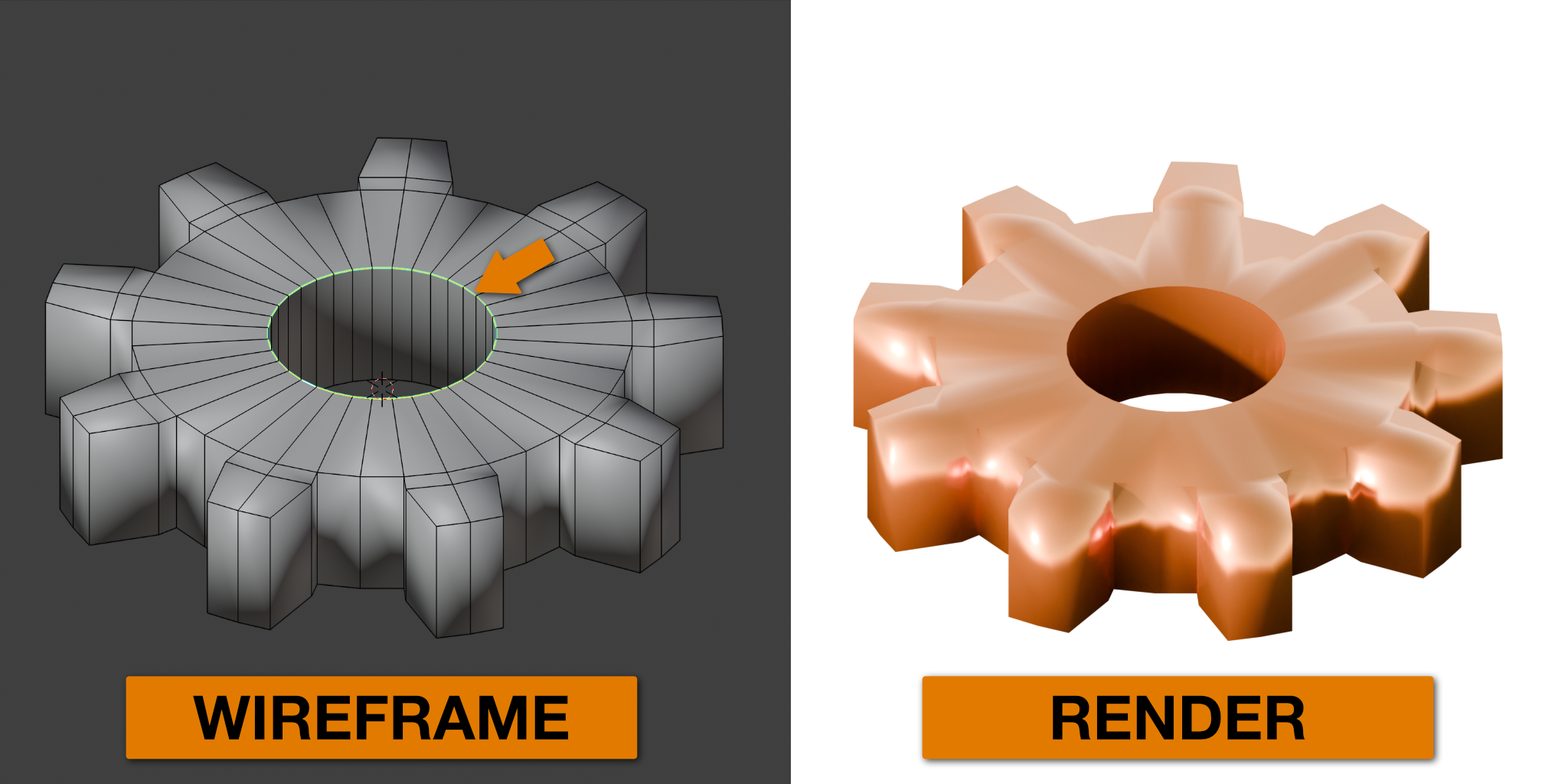 A side-by-side comparison of a gear rendered after marking an interior edge loop as sharp