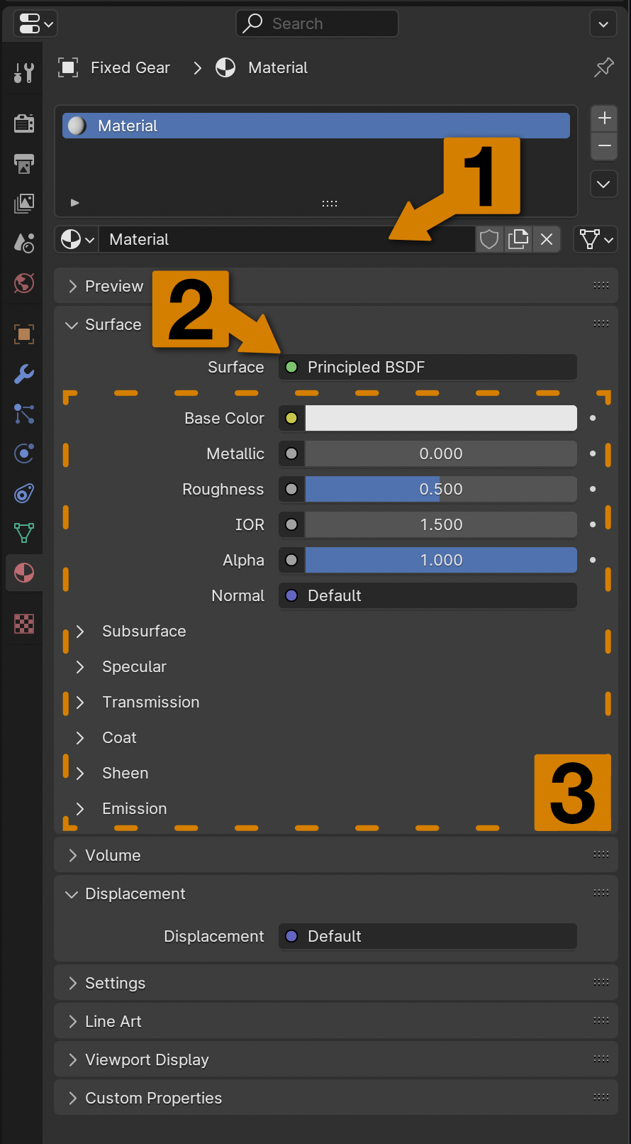 A cropped, annotated screenshot of the Blender Material Properties panel