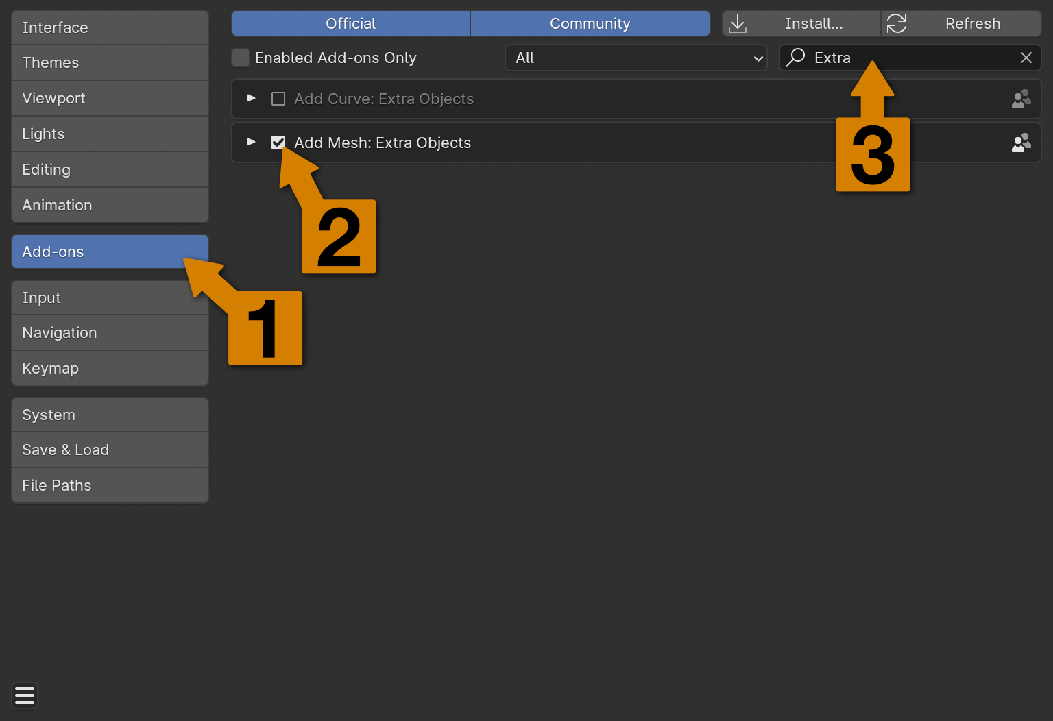 A screenshot of the Blender Add-On preferences menu, demonstrating how to enable the Add Mesh: Extra Objects Add-On