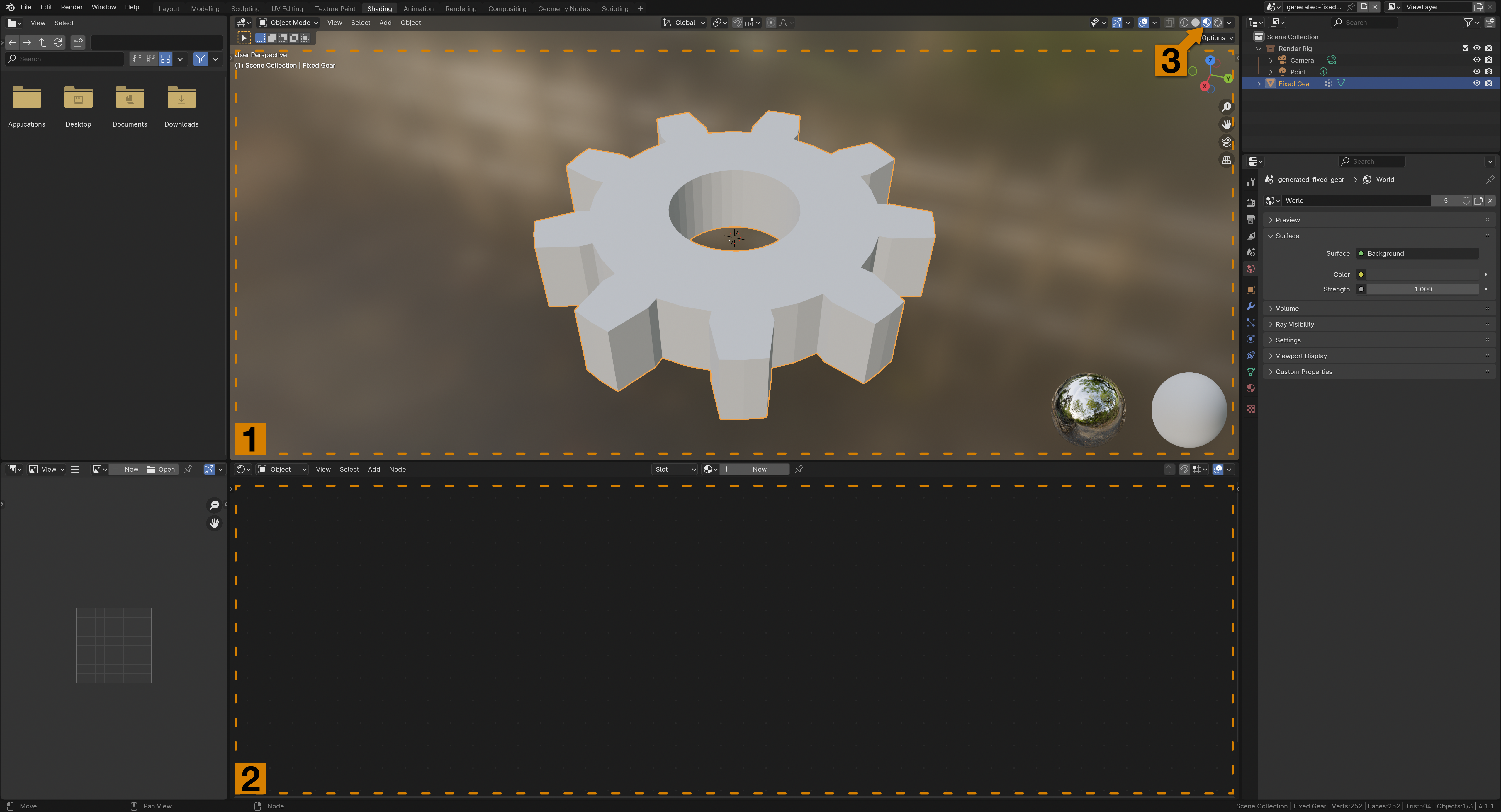 An annotated screenshot of the Blender Shading workspace