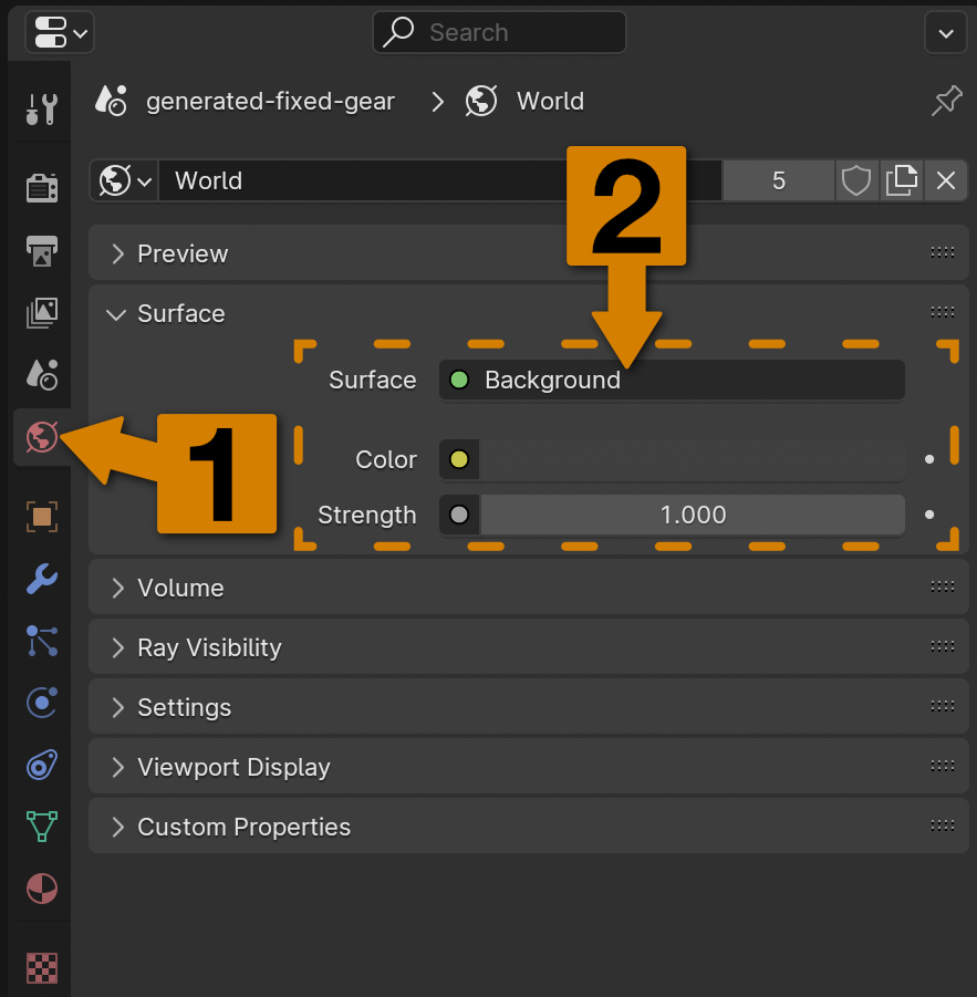 A cropped, annotated screenshot of the World Properties tab of the Properties Panel, demonstrating how to attach a simulated Sky Texture to Blender's World