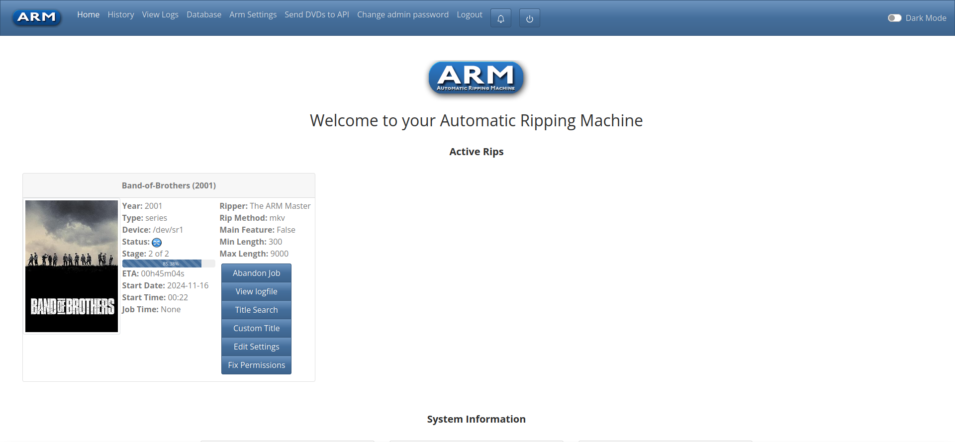 ARM Home Page with a single job