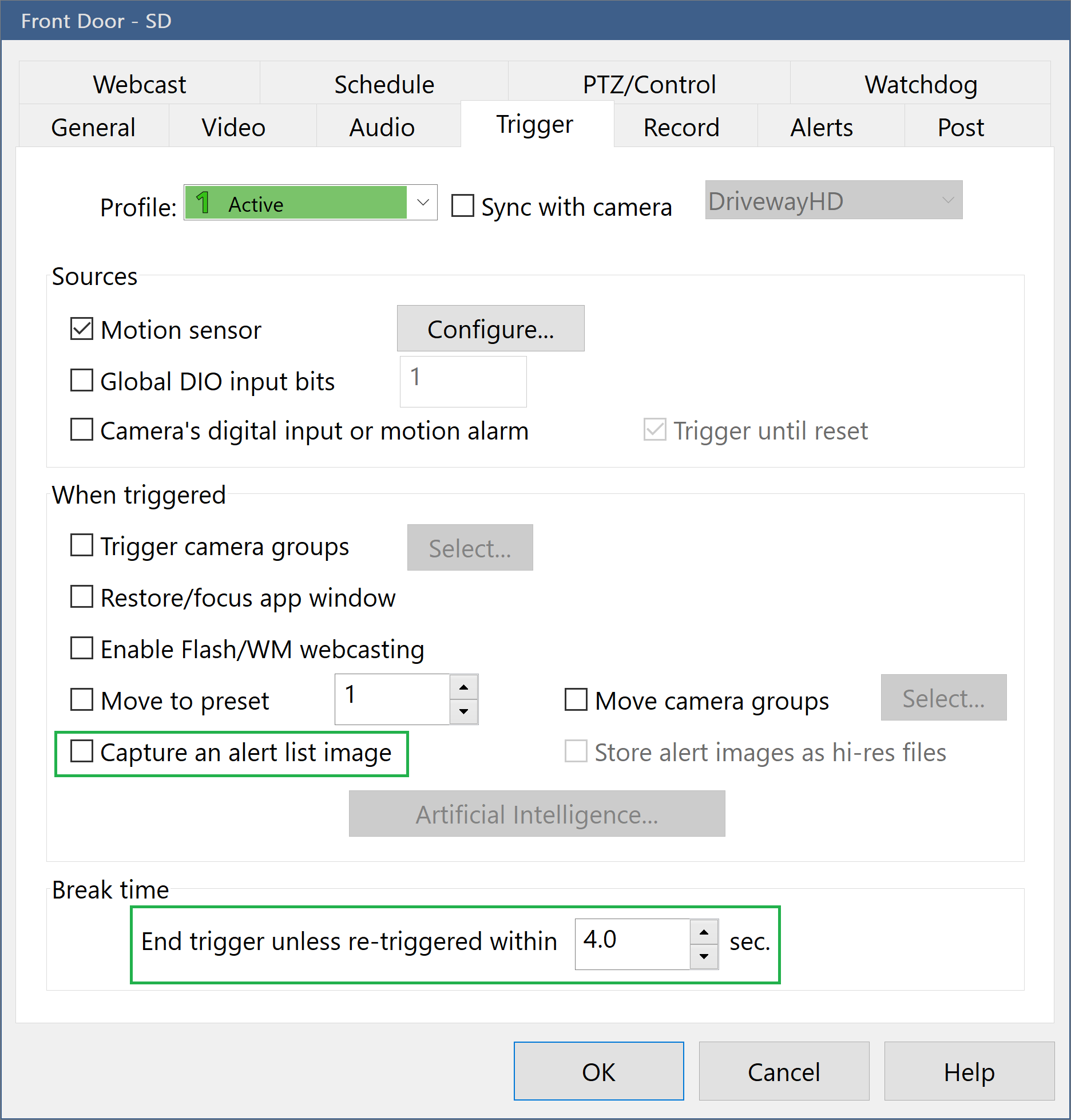 SD camera trigger settings