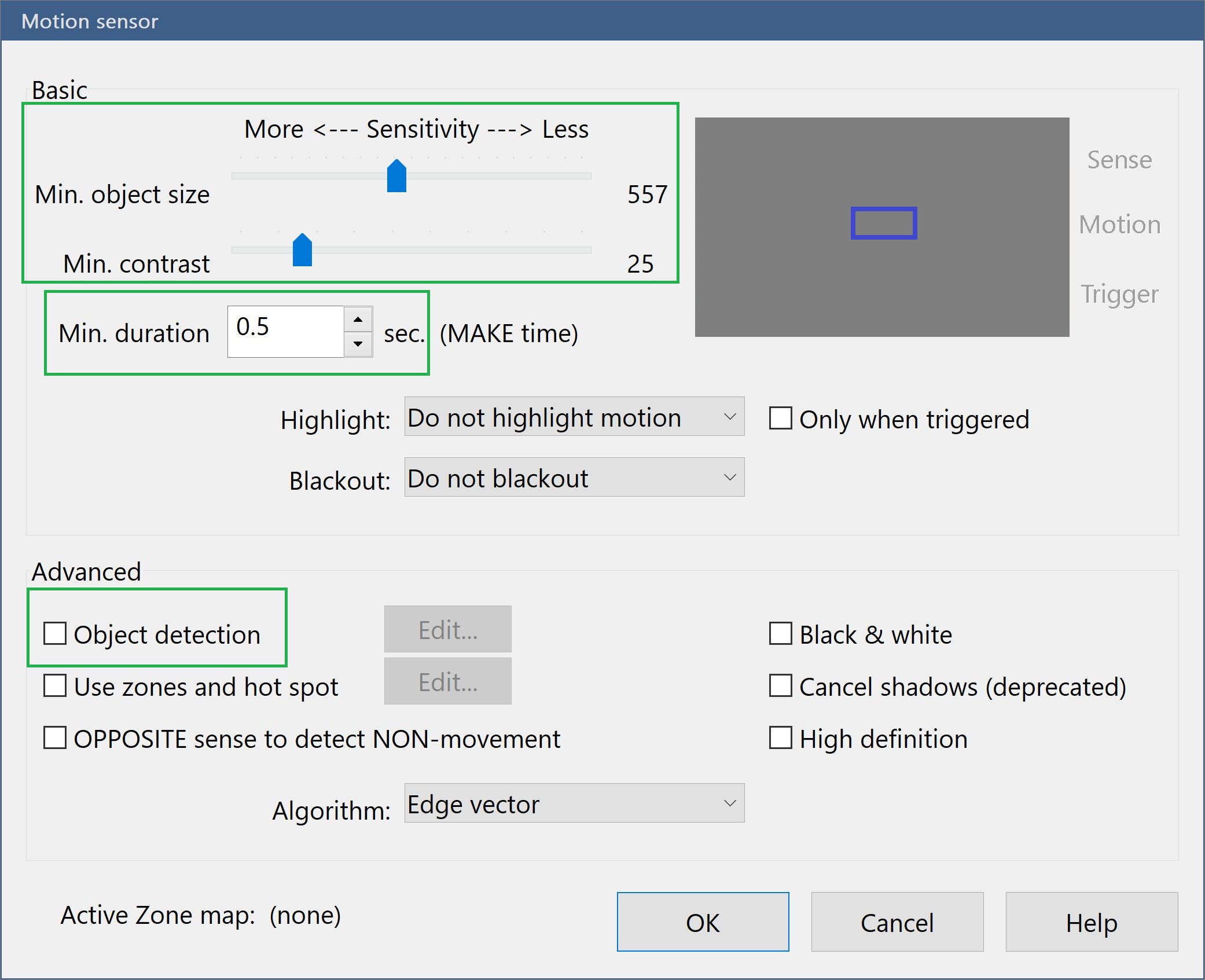 SD camera trigger motion settings