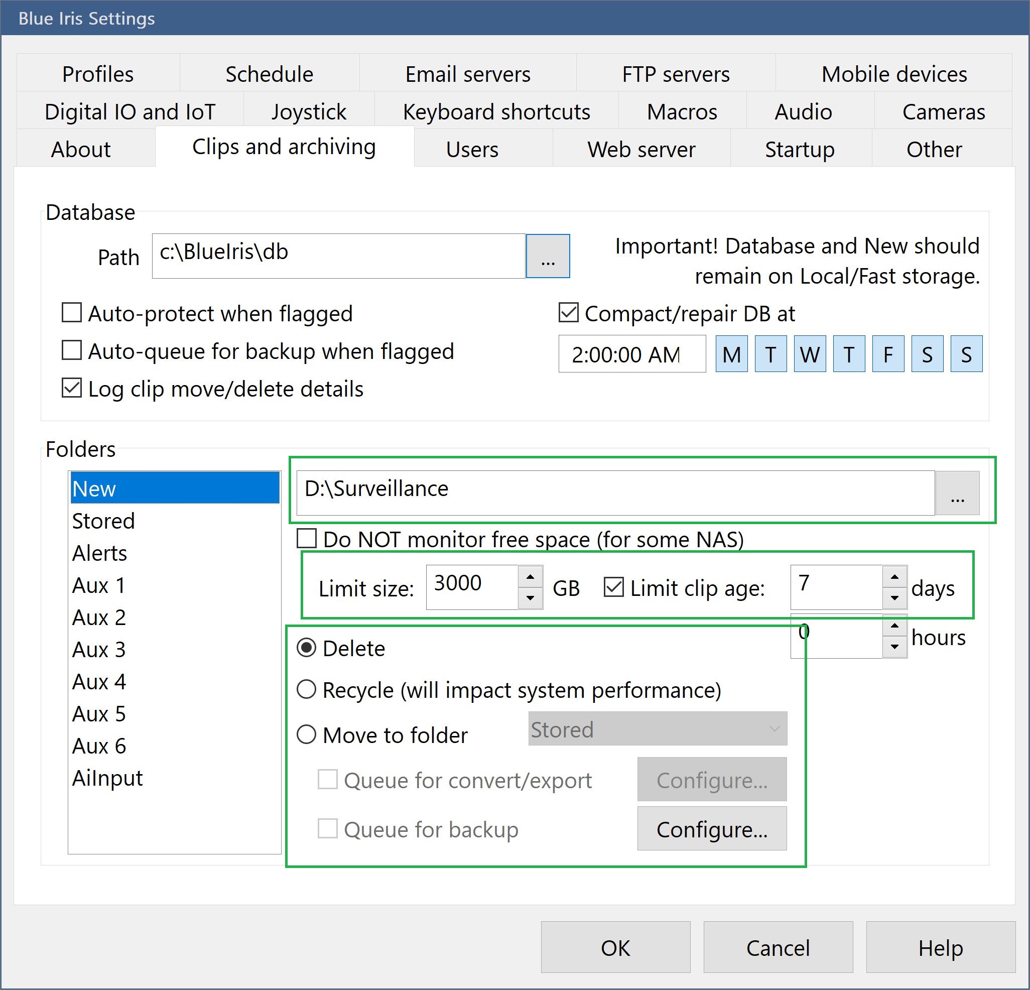 BlueIris surveillance footage folder configuration