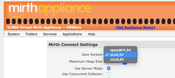 Mirth Connect Appliance Settings