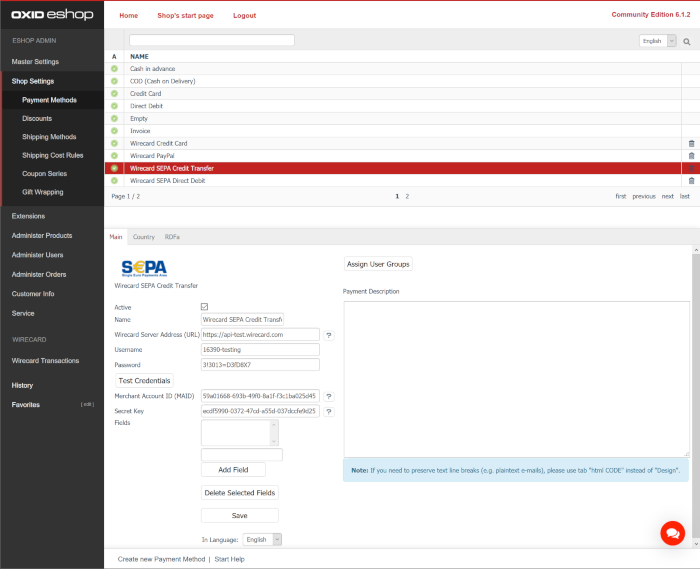 SEPA Credit Transfer Configuration