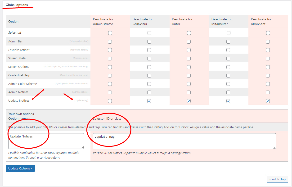 Own Options at Adminimize for global area